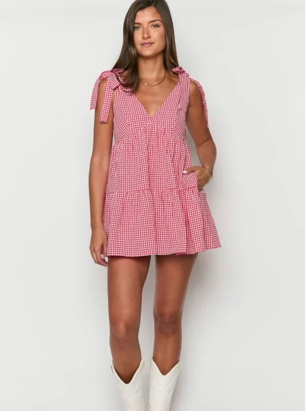 Beginning Boutique Red Gingham Tie-Shoulder Mini Dress